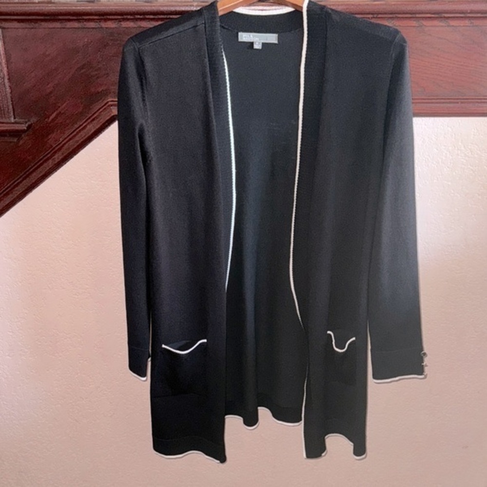 89th & Madison Black Open-Front Cardigan with White Trim